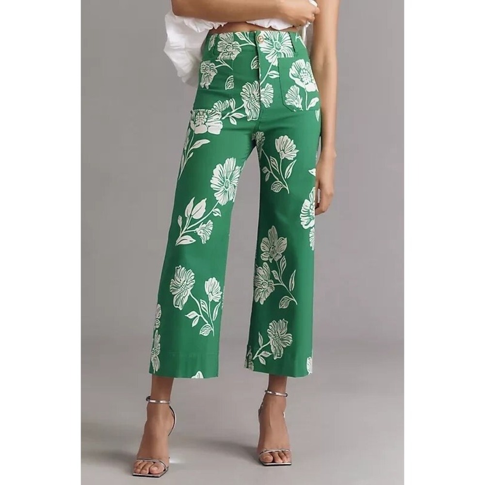 Anthropologie Colette Crop Wide-Leg Pants Sz 27P Emerald Green Floral Boho Chic